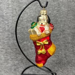 Vintage European Blown Glass Puppy Stocking Ornament Furry Friend Hand Painted